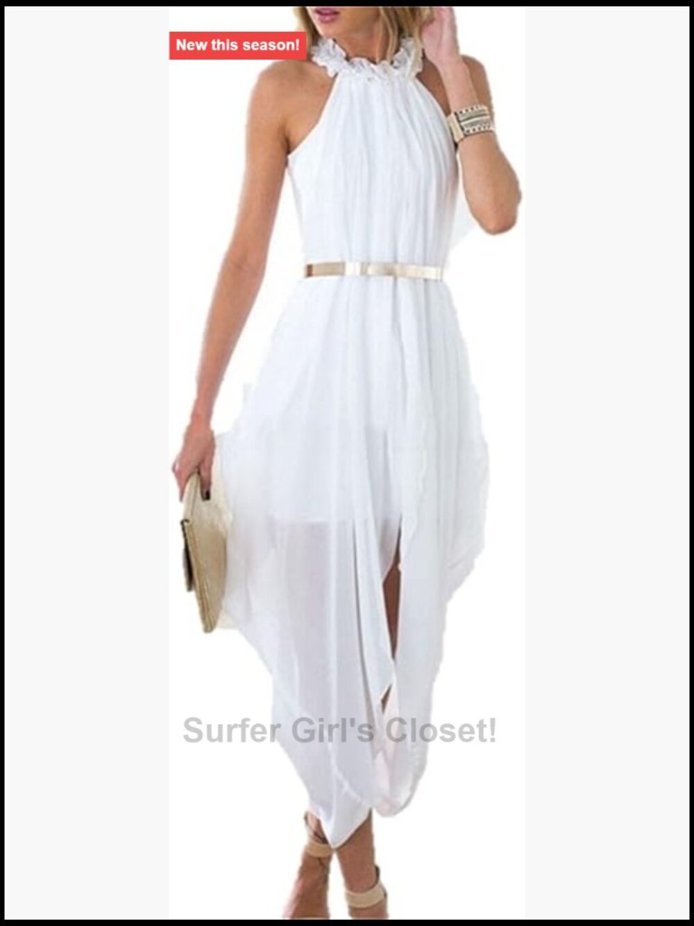 Elegant Hi Low Sheer Chiffon Halter Dress with Gold Belted Folds